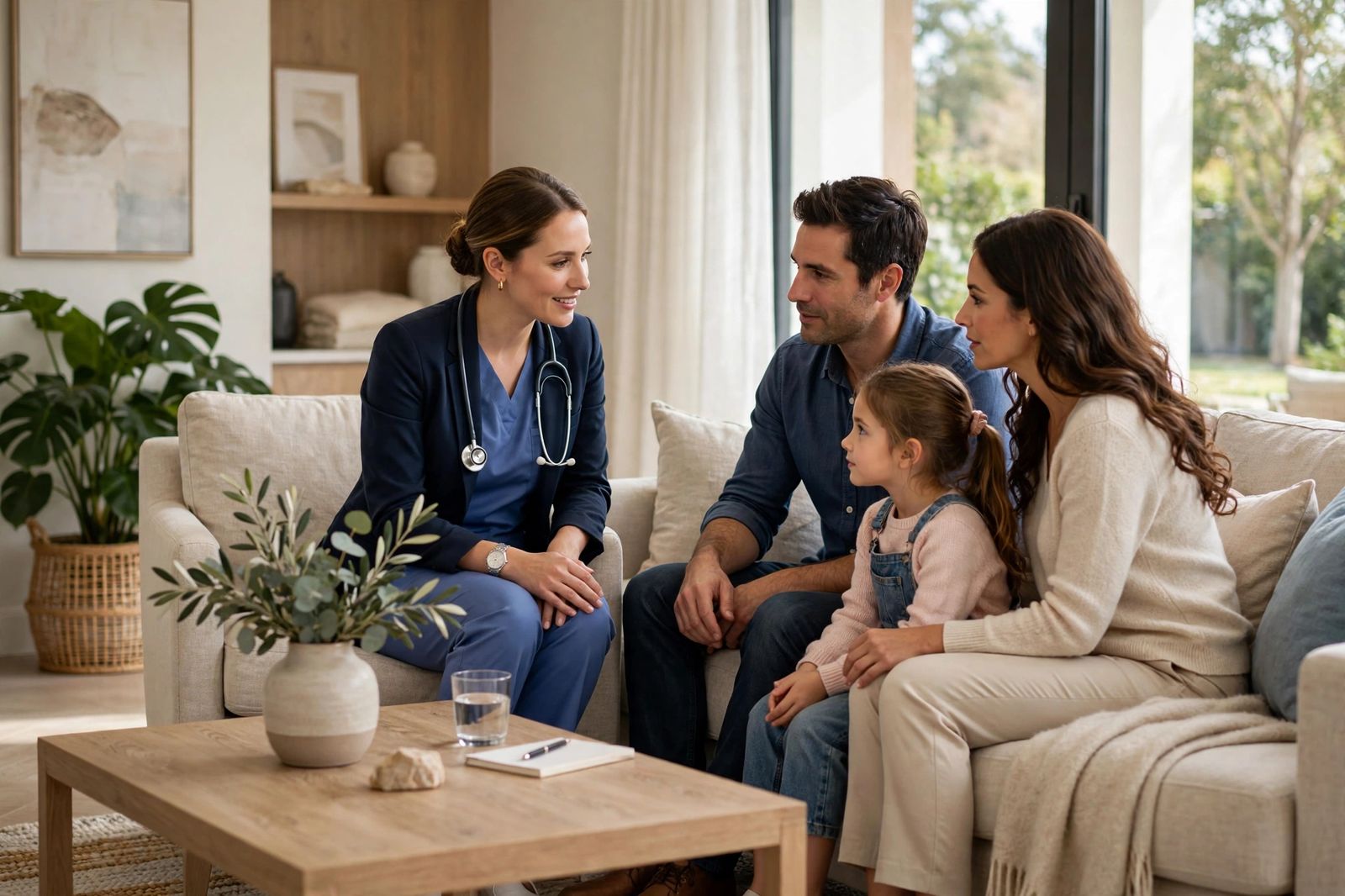 Registered nurse consulting with a family at home